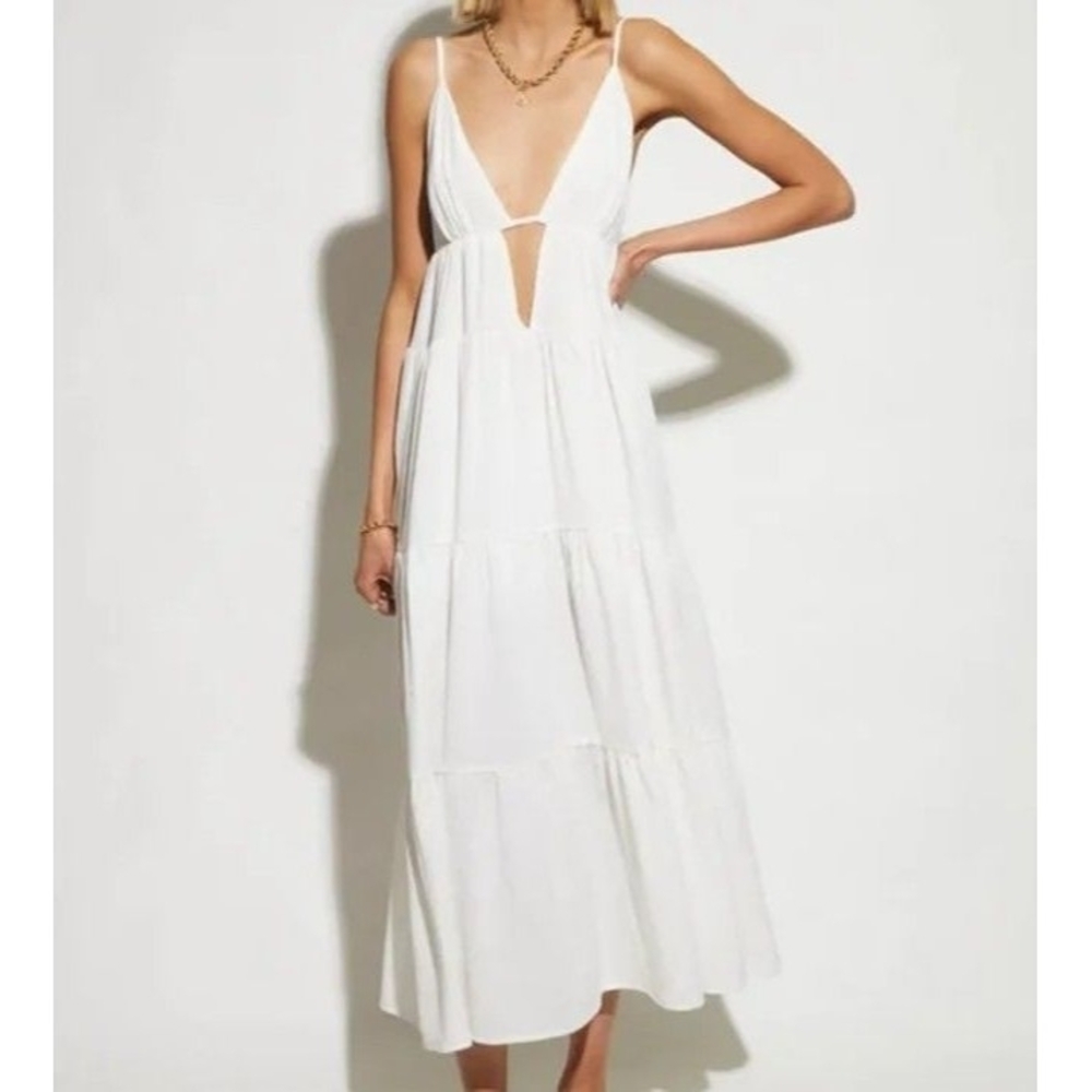 SNDYS White Tiered Maxi Dress | Deep V-Neck | Adjustable Straps | NWT | Size 6